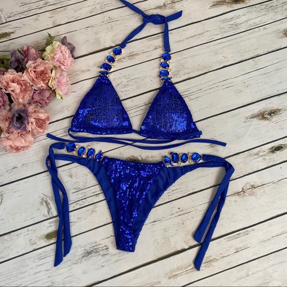 Blue Diamond Sequin Crystal Rhinestone Bikini - Picture 5 of 13